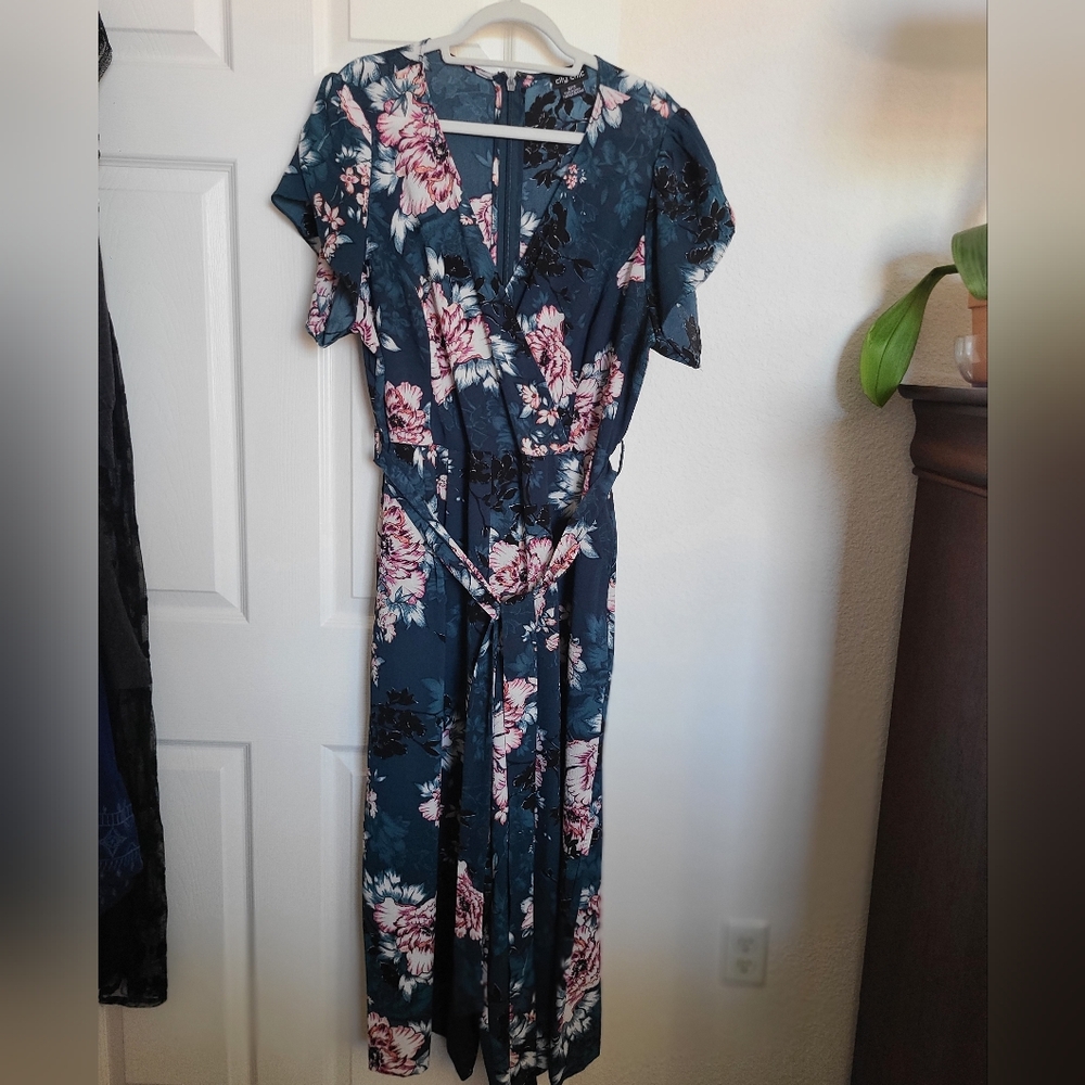City Chic Teal Jumpsuit with Pink and Black Floral Design